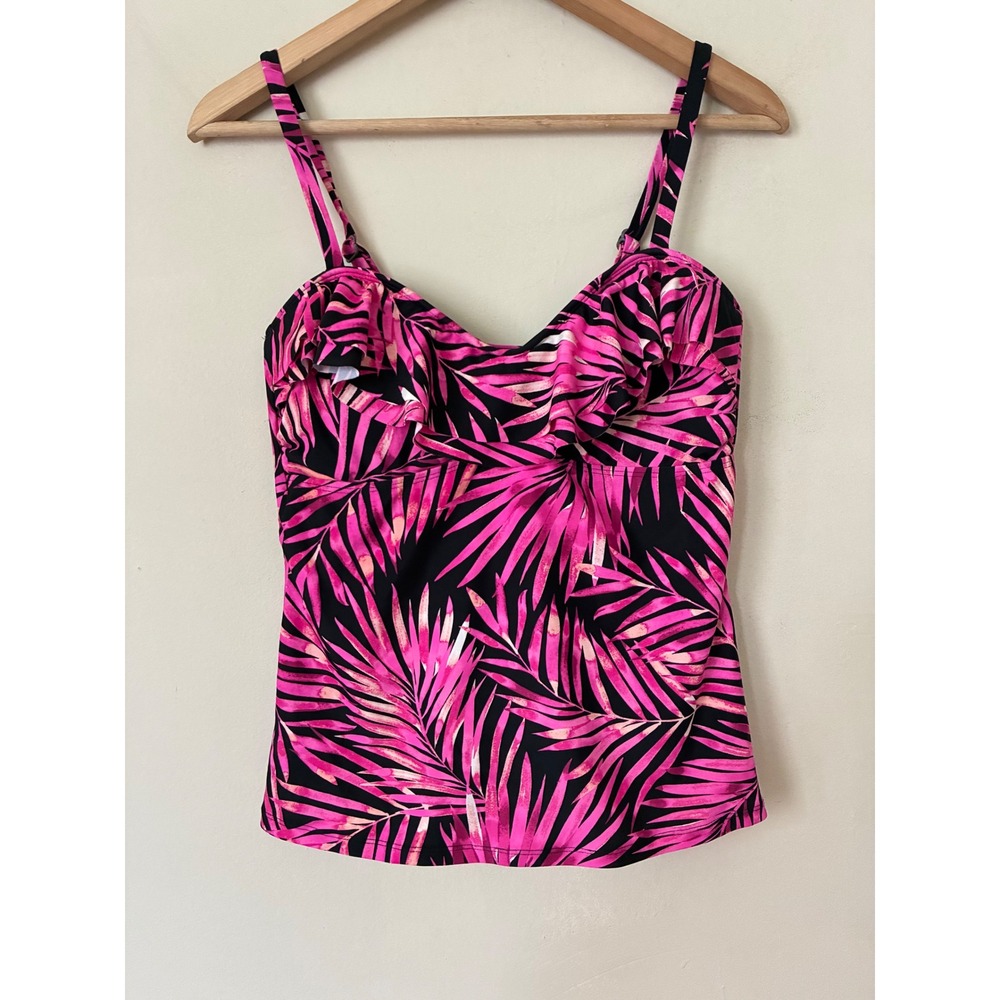 Pink Tropical Palm Print Ruffle Tankini Top Adjustable Straps Size 10 Resortwear